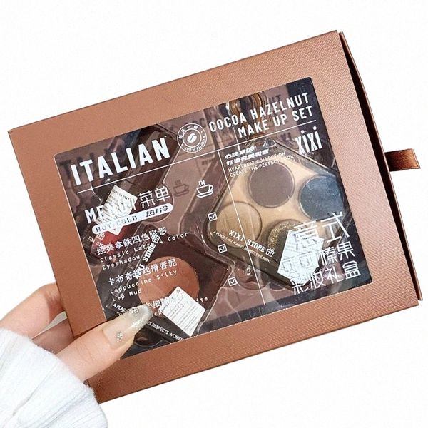 Set regalo per trucco al cacao in stile italiano Impermeabile Lg-duraturo Lucidalabbra opaco Blush naturale Shimmer Ombretto 3 IN 1 Kit di bellezza m53E #
