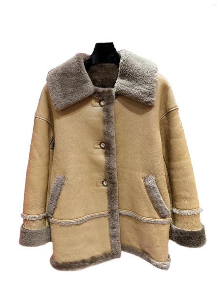 Jaquetas femininas jaqueta de couro engrossado longo versão solta da gola de pele envolto design quente e confortável 2024 inverno 1101