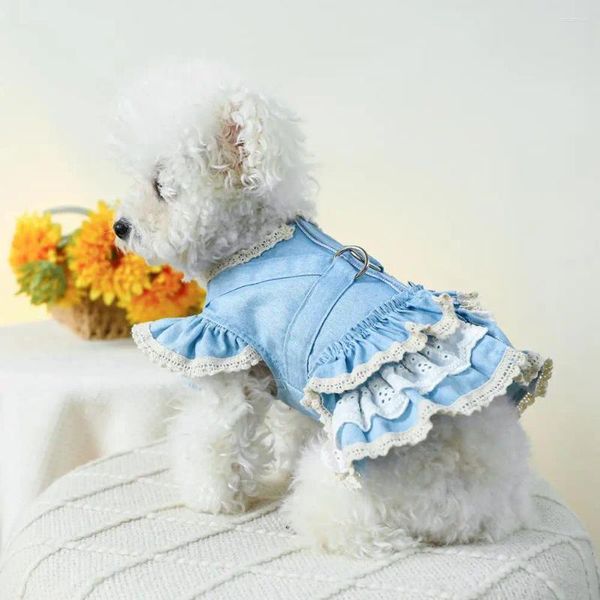 Hundebekleidung Haustierkleid Rüschenärmel Denim Bequeme Prinzessin mit Traktionsringzubehör