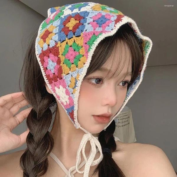 Lenços bonito lenço moda mão-crochê tecelagem oco triângulo cachecol tricô japonês retro headbands mulheres