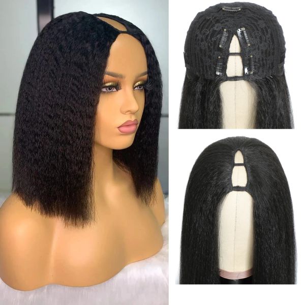 Peruklar v Şekiş peruklar dışarıda bırakma yapıştırıcı yok yaki v parça kısa bob peruk sentetik düz peruklar Siyah kadınlar için günlük kullanım