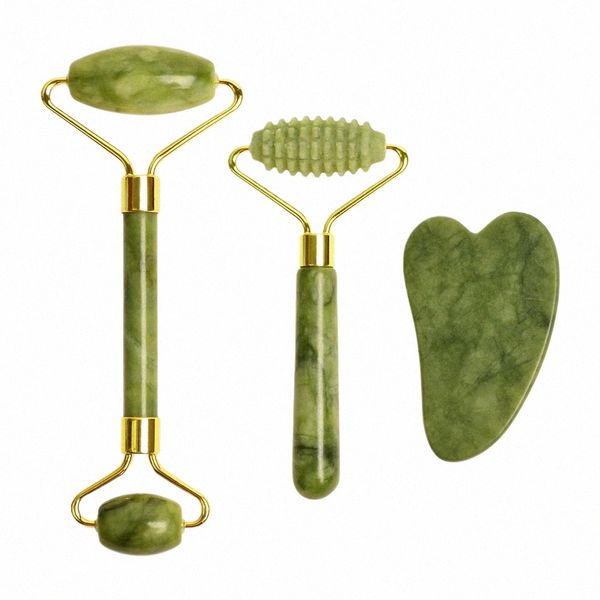 Massaggiatore a rulli di giada naturale per viso corpo schiena rullo di massaggio del piede lifting facciale antirughe doppio-end Gua Sha Jade Ste G00R #