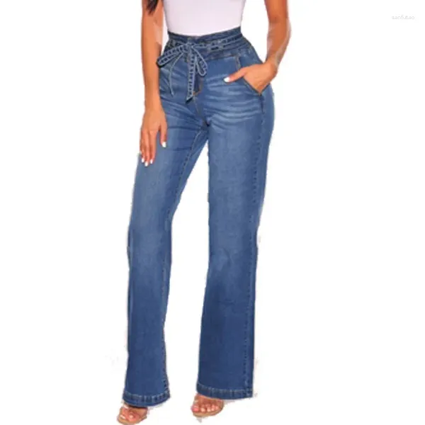 Женские джинсы с высокой талией для женщин, повседневные широкие брюки с узкими поясами на бедрах, джинсовые брюки, весенние модные потертые прямые брюки