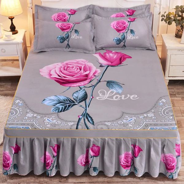 WOSTAR rosa flor impressa saia de cama casal colcha de casamento 150/180 roupa de cama 2 pessoas luxo lençol de casal king size 240314