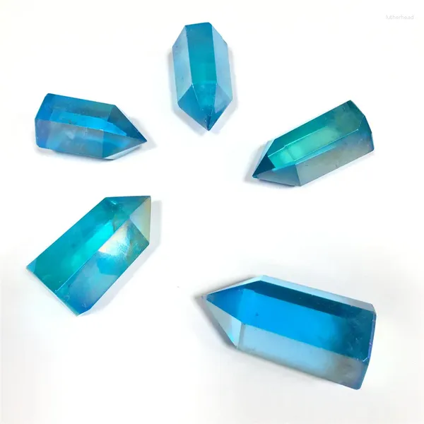 Dekorative Figuren Großhandel mit natürlichem Heilkristall, blau, galvanisiert, mit Titan beschichtet, Engel-Aura-Quarz-Punkt zur Dekoration