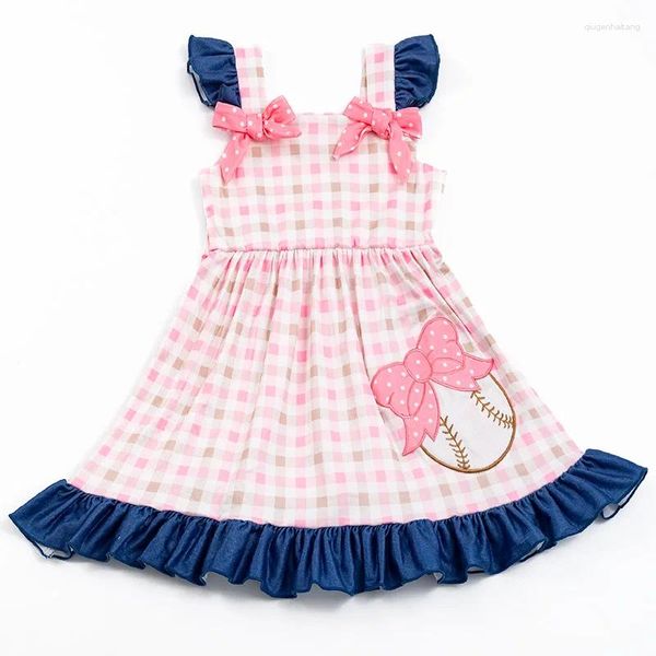 Mädchen Kleider Girlymax Sommer Frühling Baby Mädchen Kinder Kinder Kleidung Kleid Drehen Knie Länge Rosa Plaid Schleife Baseball Sticken Saison