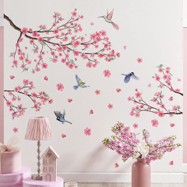 Adesivos rosa pêssego flores flores ramificações pássaros adesivos de parede para quarto decoração de decoração de casa decalques de parede de murais florais pvc