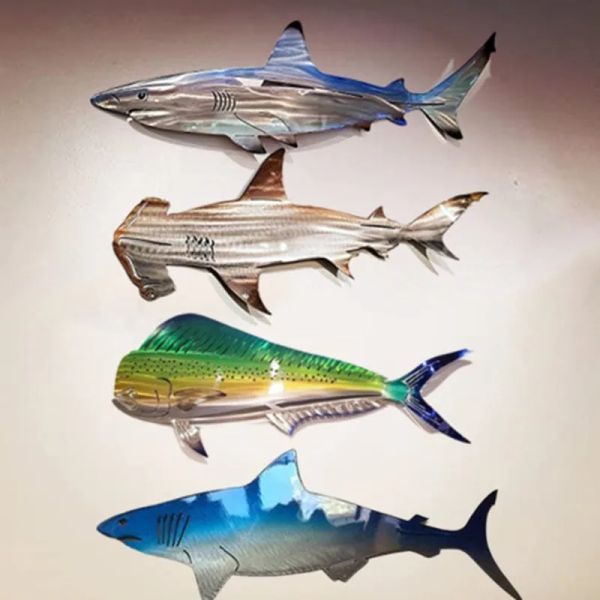 Esculturas decoração de arte de parede de metal de tubarão, ornamento de suspensão ao ar livre de metal de tubarão para casa, decoração náutica decoração de peixes de oceano para pátio ou piscina