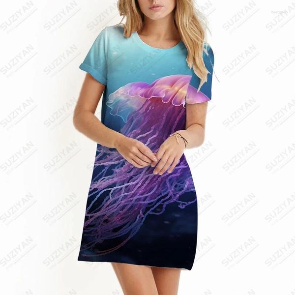 Casual Kleider 2024 Sommer Damen Kleid Meer Qualle 3D Gedruckt Strand Urlaub Stil All-match