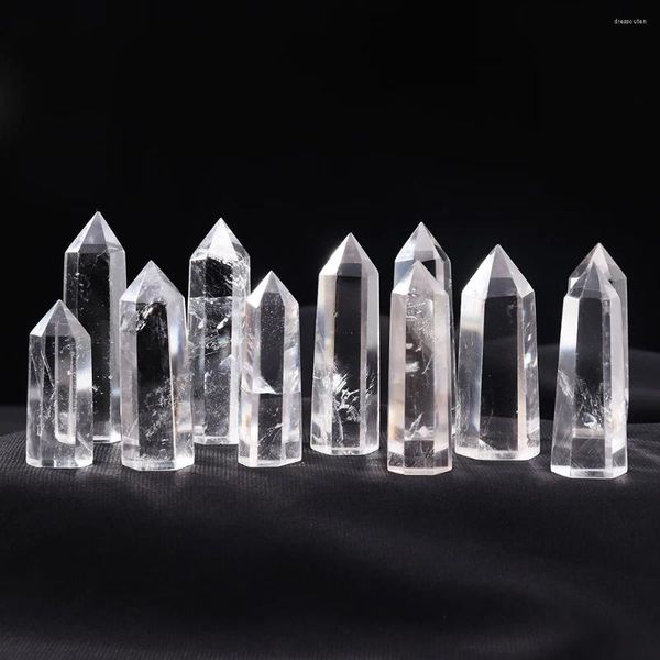 Estatuetas decorativas 3-8cm coluna hexagonal de cristal transparente natural pontiaguda pedra de cura de quartzo branco energia minério rocha mineral varinha de obelisco