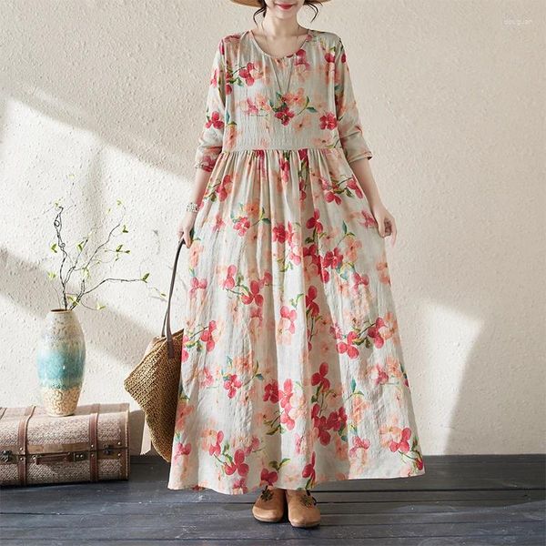 Vestidos casuais 2024 chegada fina impressão macia floral manga longa feriado estilo de viagem ao ar livre primavera verão vestido moda mulheres