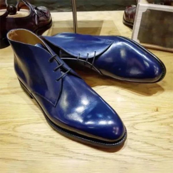 Casual Schuhe Männer Stiefeletten Braun Schwarz Blau Motorrad Schnüren Business Handmade Pu Leder Für