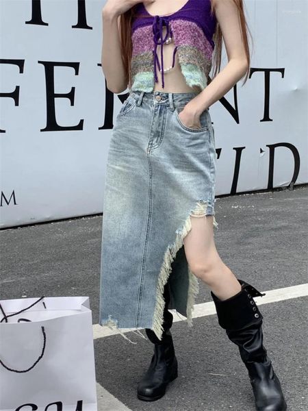 Röcke Alien Kitty Maxi Denim Vintage Sommer Chic OL Hohe Taille 2024 Täglich Split Mode Sexy Schlanke Mujer Streetwear prom