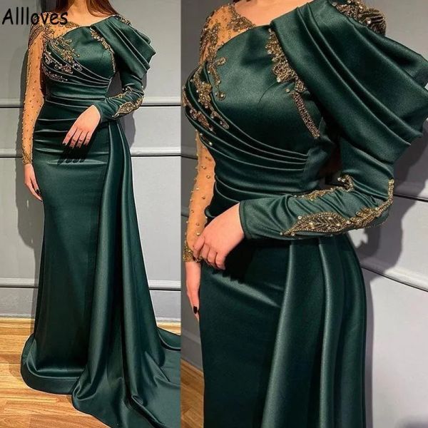 Темно-зеленые арабские платья для выпускного вечера Aso Ebi Блестящие кристаллы с длинными рукавами и бисером Вечерние платья с рюшами и баской Элегантное атласное вечернее платье для особых случаев