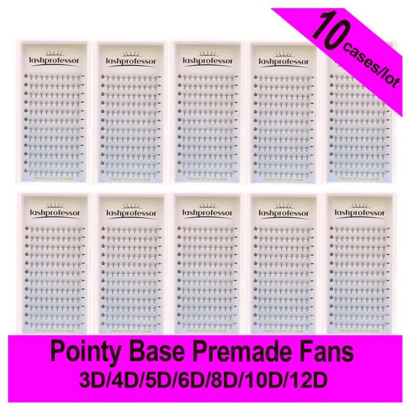 Cílios lashprofessor 10 casos/lote pré-fabricados ventilador cílios extensões afiada estreita fina pontiaguda base russo volume fãs cilios