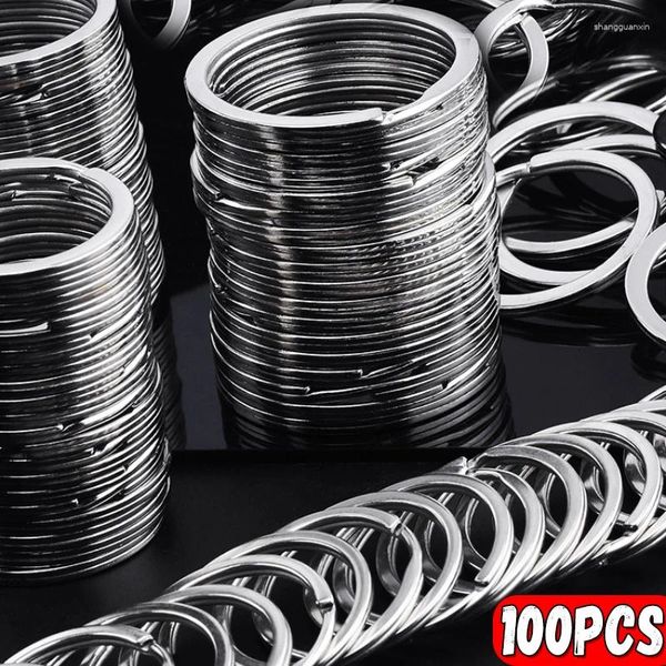 Chaveiros polido metal prata chaveiro buraco de aço inoxidável plana chaveiro corrente ródio banhado redondo split chaveiro diy atacado