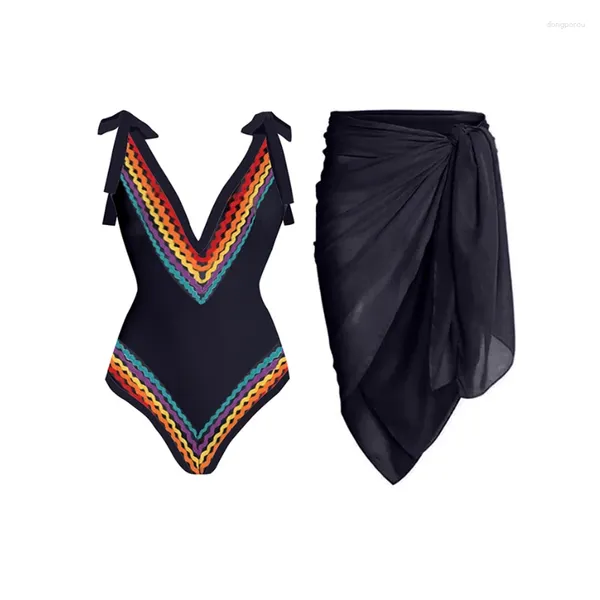 Maiô preto de uma peça para mulheres, linha colorida, decoração, design, roupa de banho, decote em V profundo, gravata, monokini, verão, roupa de praia