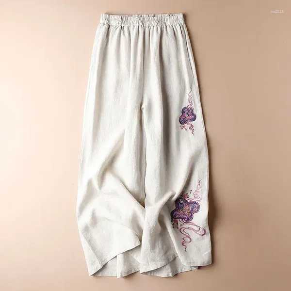 Pantaloni da donna stile retrò in cotone e lino ricamati gamba larga R estate 2024 sottile vestibilità ampia casual con colore naturale