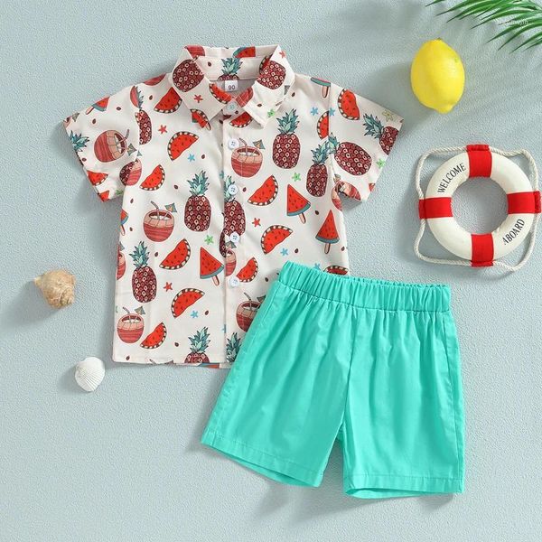 Kleidungssets Geborenes Baby Jungenkleidung Sommer Kurzarm Revers Wassermelone Kokospalme Druck Hemd Hose 2-teiliges Outfit