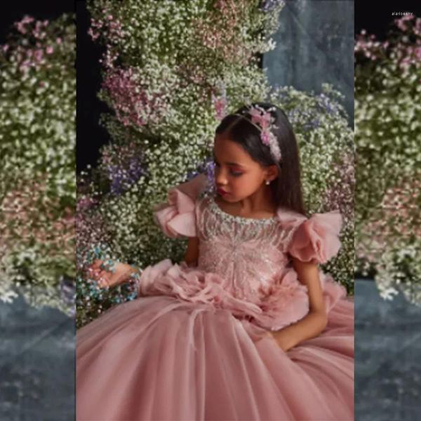 Mädchen Kleider Prinzessin Blumenkleid Puffy Tüll Perlen Strass Erstkommunion Kleid Ball Schleife Gürtel Weihnachtsfeier