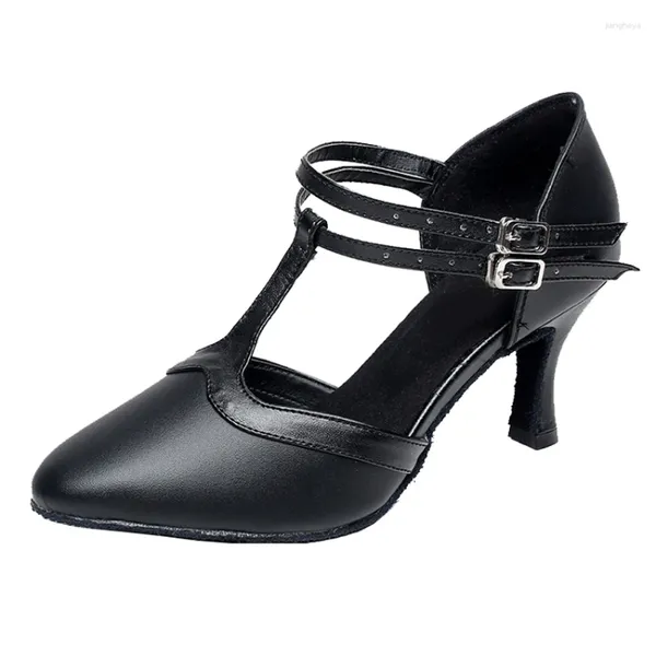 Sapatos de dança feminino preto fechado dedo do pé salão festa social moderno salsa latina tiras duplas 3 polegadas salto queimado sola macia