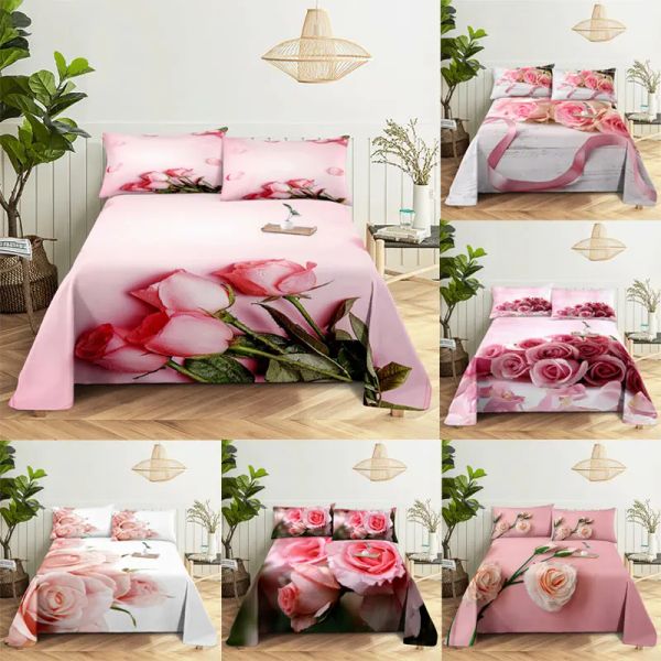 Set Lenzuola con Federa per Cuscini Queen Size Morbide Lenzuola e Federe per Letto Singolo Matrimoniale Twin Fiore Rosa in Tessuto Sottile