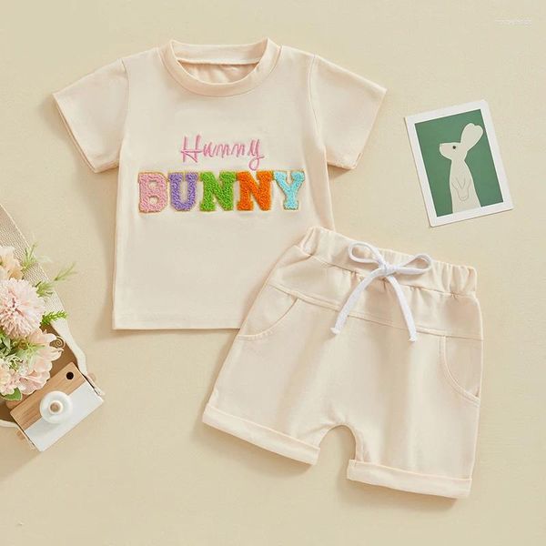 Kleidung Sets Kurzarm Sommer Baby Jungen Kleidung Brief Stickerei Ostern Kleinkind Anzug Tops Und Solide Shorts Outfits