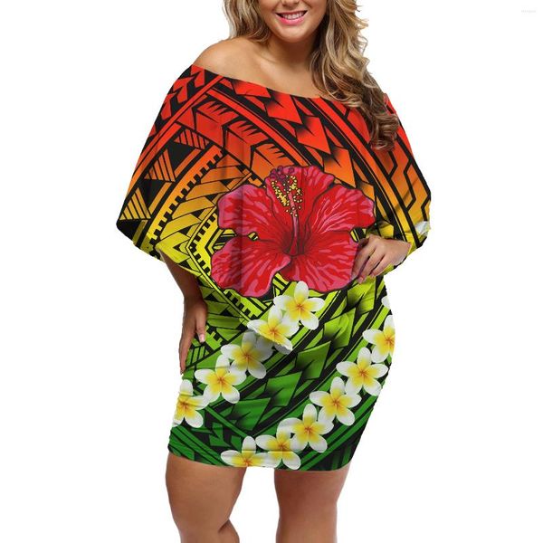 Vestidos de festa Tomada de fábrica Material de poliéster Mulheres Leve Frill Open Ombro Vestidos Polinésio Tatuagem Tribal Slim Cape Saia Design