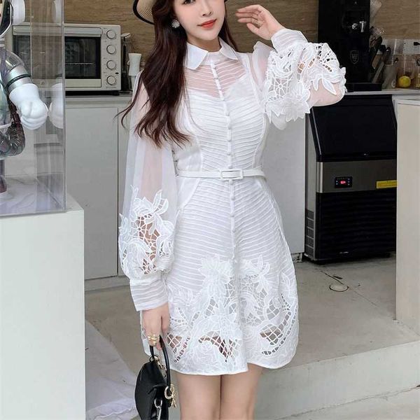 Design de moda vestido feminino 2022 outono novo colarinho branco lanterna manga renda bordado atacado