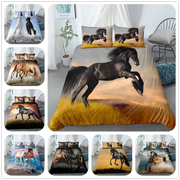 Set 3D Oiling Running Horse Wuvet/Doona Copertura set singolo doppio regina regale King size bianche