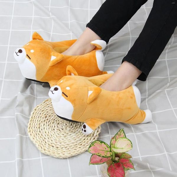 Pantofole Kawaii Cartoon Shiba Winter Plush Dog Novità Moda Donna Camera da letto calda per interni