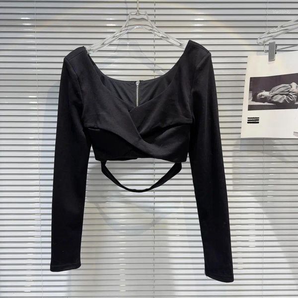 T-shirt da donna PREPOMP 2024 Arrivo della Molla Manica Extra Lunga Incrociato Design della Fasciatura Cerniera Posteriore Camicia Nera Donna GP545