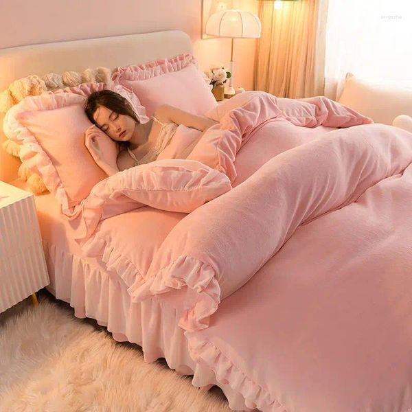Conjuntos de cama Coreano Meninas Inverno Quente Macio Veludo Flanela Conjunto Dupla Duveta Capa Folha Fronhas Home Têxtil