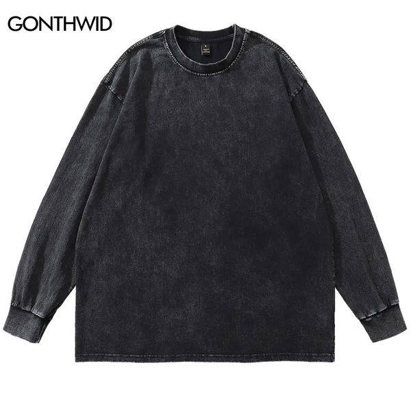 T-shirt a maniche lunghe streetwear uomo tinta unita tinta unita casual cotone lavaggio distressed magliette harajuku moda maglietta allentata top 240323