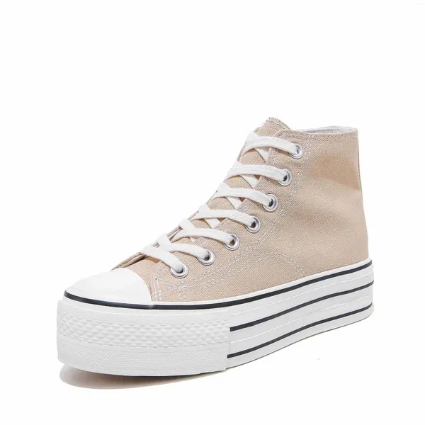 Scarpe casual 2024 Donna Beige High Top Canvas Suola spessa 4.5CM Sneakers Colori puri Stivaletti femminili Lace Up Aumentato