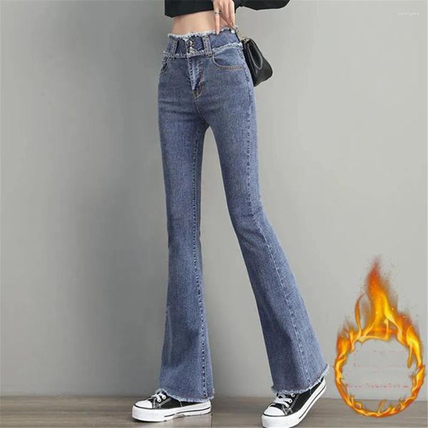 Calças de brim femininas inverno magro casual coreano queimado denim calças mulheres moda alta rua y2k chique vintage quente mais veludo calça azul