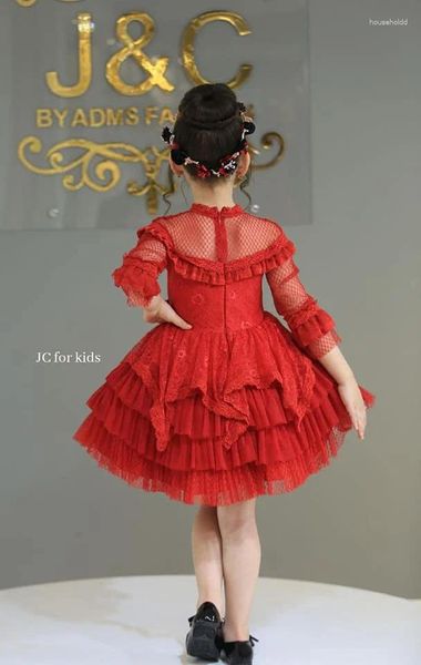 Abiti da ragazza BABYONLINE Abito a fiori Principessa Collo alto Corpetto in pizzo rosso con gonna soffice Abito da ballo Festa di nozze Junior Bridemini