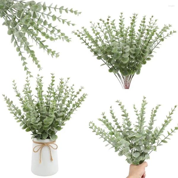 Flores decorativas 10 pçs ouro eucalipto folha plantas artificiais diy natal falso planta buquê de flores ornamento casa jardim festa casamento