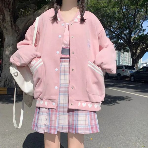 Sweet Love Bedruckte Baseballjacke Damen Herbst-Winter-Stil Plus samtgepolsterte rosa Strickjacke mit Knopfleiste weiblich 240319