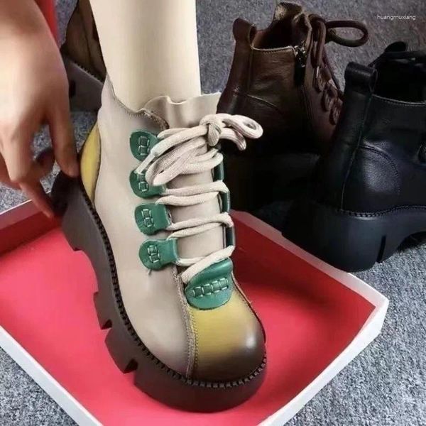 Sapatos casuais rendas até mulher elegante botas de salto plano dedo do pé redondo calçados de inverno-mulheres tornozelo genuíno 2024 alta rocha senhoras botas