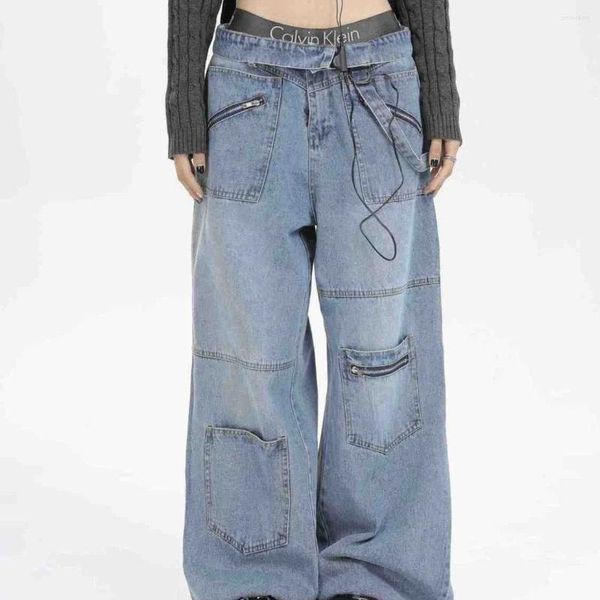 Pantaloni da donna e jeans da lavoro High Street con design di nicchia per uomo e donna, tasche multiple, tubo dritto con cerniera