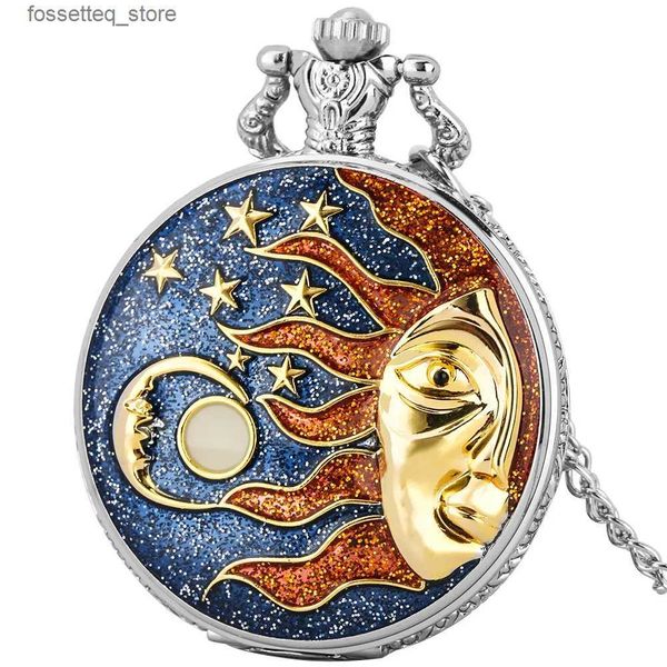 Карманные часы Art Half Face Sun Moon Stars Blue Starry Display Кварцевое ожерелье Карманные винтажные стильные часы с подвеской-цепочкой Мужчины Женщины L240322
