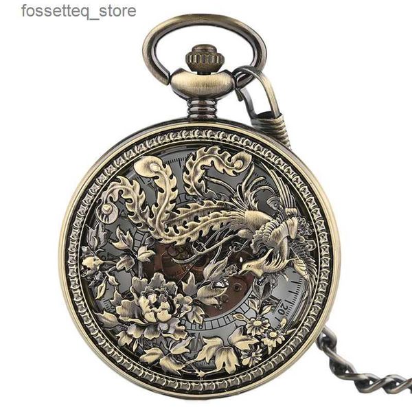 Relógios de bolso Linda Phoenix Mechnical Pocket Charm Lucky Pingente Flor Escultura Auto es Homens Mulheres Unissex Vintage Presentes Especiais L240322