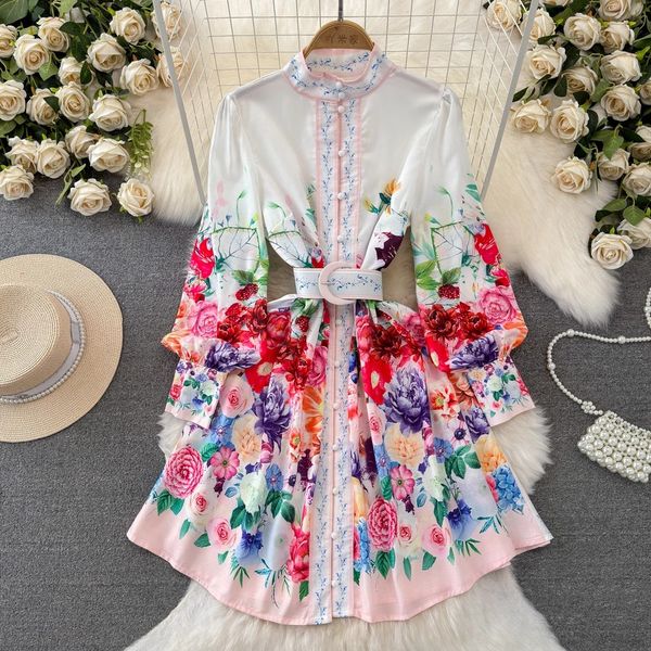 Vestidos casuais básicos verão designer de moda linho vestido curto mulheres roupas lanterna manga flor impressão único breasted cinto mini vestidos 2024