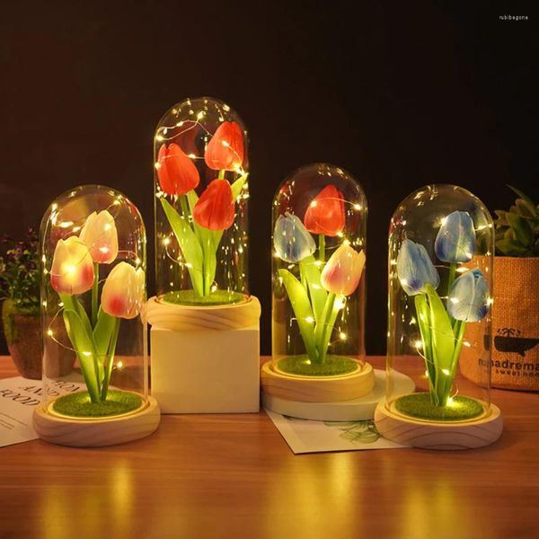 Flores decorativas artificial tulipa noite lanterna presente do dia dos namorados com capa de vidro decoração flor criativa