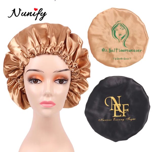 Hairnets Nunify 20 pcs logotipo personalizado cetim bonnet mulheres tamanho grande seda bonnet sleep night cap bonnet rosa preto personalizado cuidados de cabelo bonnet