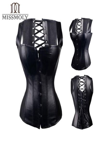 Miss Moly Siyah Deri Steampunk Kadın Çelik Kemik Gotik Korseler Zip Dantel Yukarı Bel Trainer Overstust Corse Unnderbust Bustier4103820