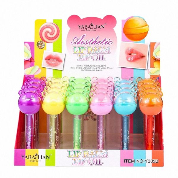 24pcs 2 em 1 Lip Balm Lip Oil Set Lollipop Fruit Flavored Transparente Natural Hidratante Lip Gloss Meninas Lips Care Bulk T53B #