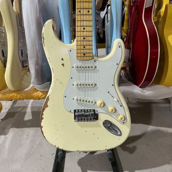 Chitarra elettrica Guitar Relic ST, colore giallo crema, corpo in ontano, tastiera in acero, chitarra di alta qualità, spedizione gratuita