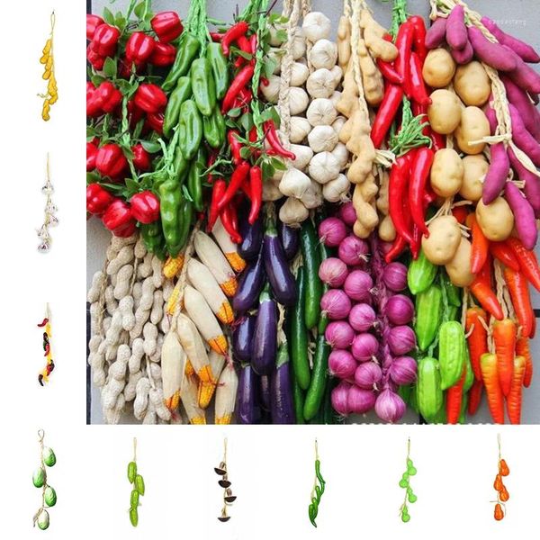 Flores decorativas comida artificial legumes corda modelo de frutas falsas prato de espuma realista cebola alho milho pimenta vermelha pendurado pingente po